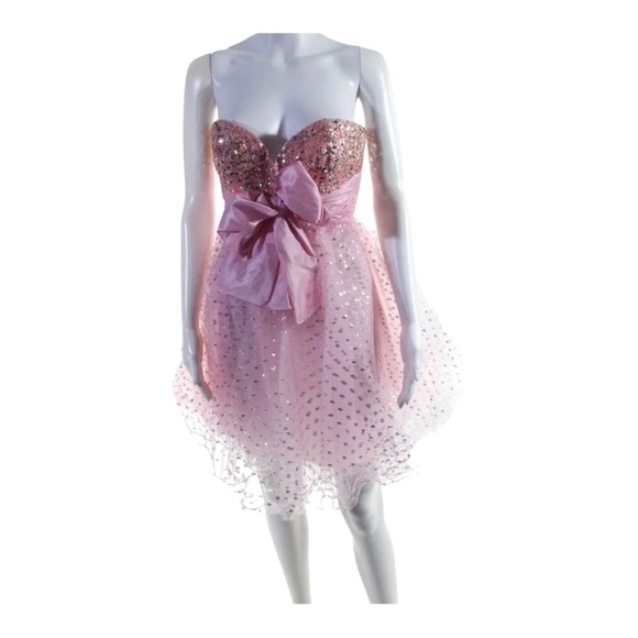 Sherri Hill 1001 Pink Glitter Strapless Bow Tulle Mini Dress NWT Size 10 Prom - Picture 13 of 16